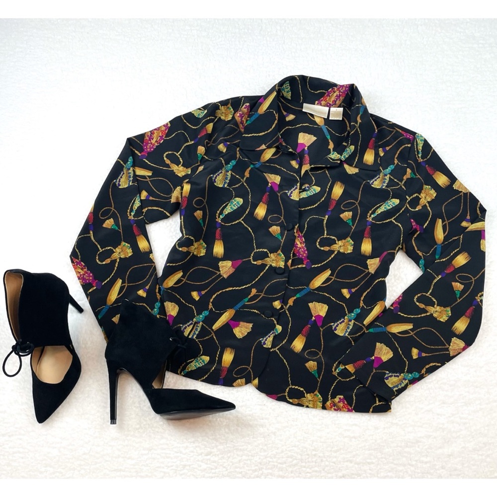 (VTG) CHRISTIE & JILL • Black Tassel Print Long Sleeve Blouse, 8 - Picture 15 of 15